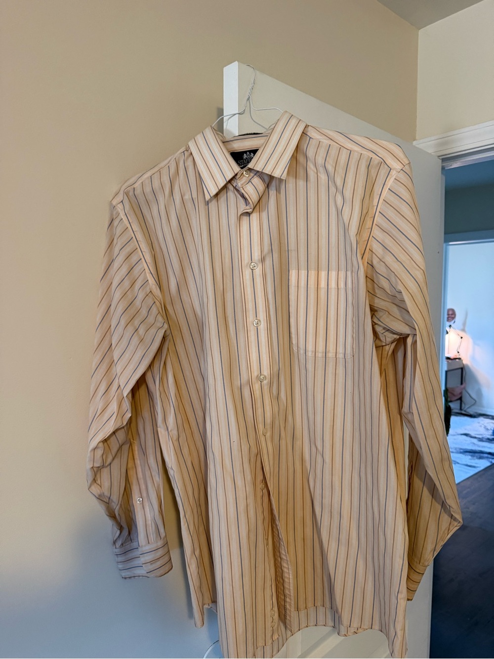 Stafford Men's Long Sleeve Striped Dress Shirt - Beige with Blue Stripes